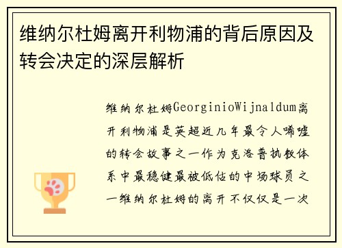 维纳尔杜姆离开利物浦的背后原因及转会决定的深层解析 维纳尔杜姆离开利物浦的背后原因及转会决定的深层解析
