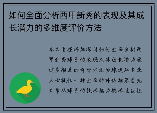 如何全面分析西甲新秀的表现及其成长潜力的多维度评价方法